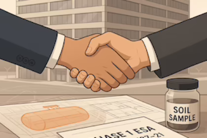 Two hands shaking over a document represeting a commercial real estate agent and an environmental consultants agreement