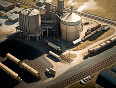 Baseline Environmental Assessment showing an industrial factory from the air showing silos and warehouses trucking docks and train tracks in high definition