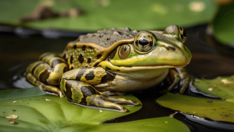 A Kane County Certified Wetland Delineator, David Koldoff, takes a picture of a frog on a lily pad