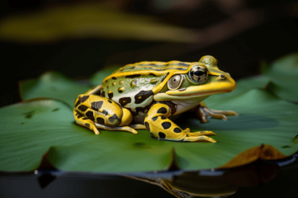 Kane County Qualified Wetland Review Specialist takes a picture of a tiger frog on a lily pad